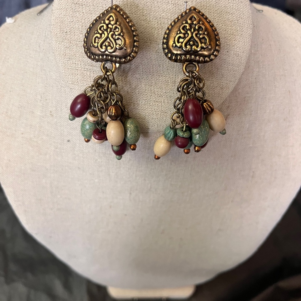 Antique-Style Gold Tone Dangle Earrings with Burgundy, Sage and Cream Beads/Clip